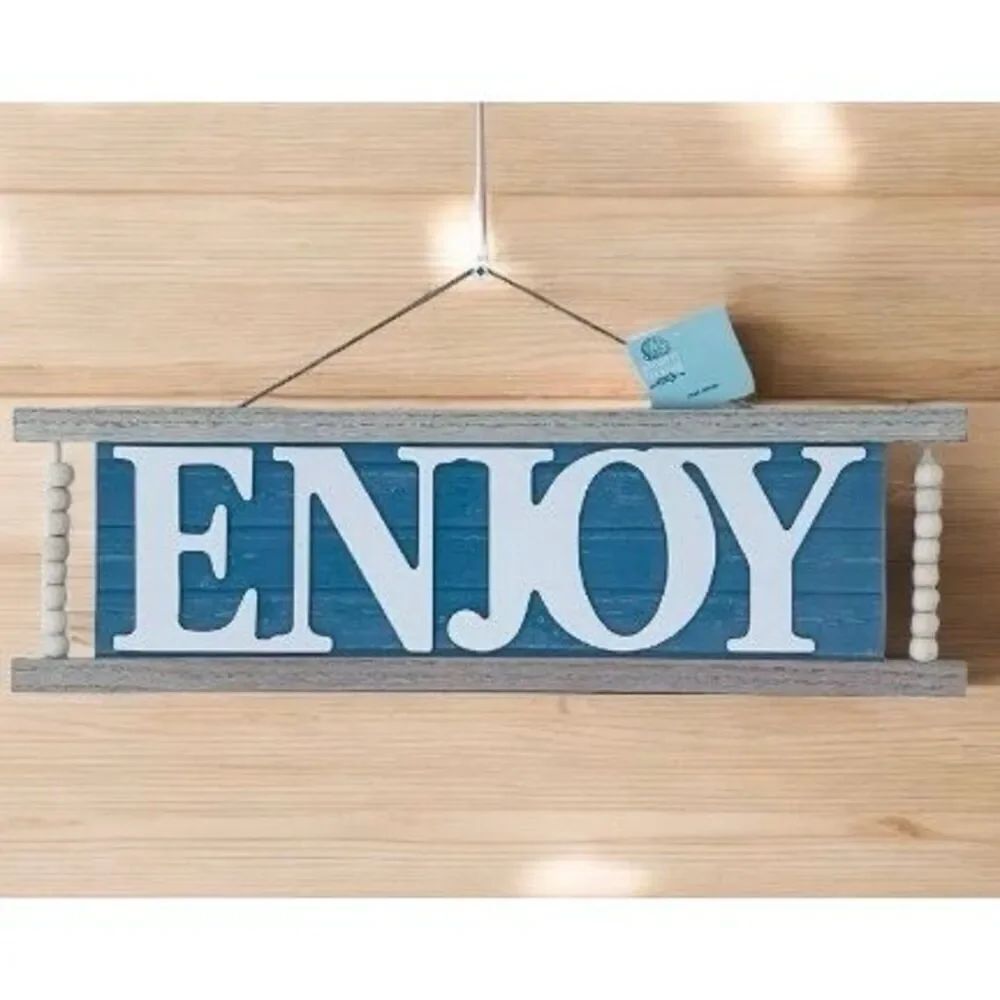 NWT Gorgeous Blue Grey White Tan ENJOY Beads Accent Inspirational Wall Decor